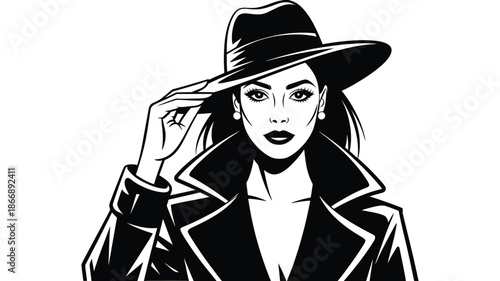 Stylish woman in hat and coat, noir fashion illustration in black and white
