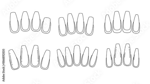Line art illustration of various coffin shaped nail designs, showcasing different styles and lengths in a top-down view