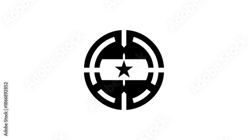 syria flag logo icon vector, Bold Black and White Emblem A Large Star Within a Circle, Surrounded by Smaller Stars and Dynamic Swirls, Evoking Power and Movement. Free Vector, Shanyrak, landoo norris,