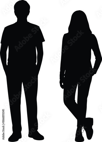 Male and female human silhouettes standing side by side isolated on white background
