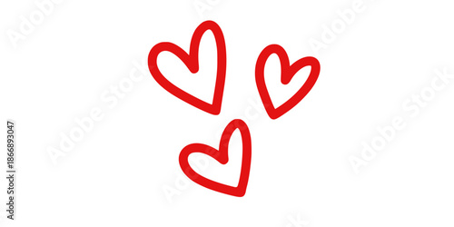 Three red hearts on white background for love and care concepts