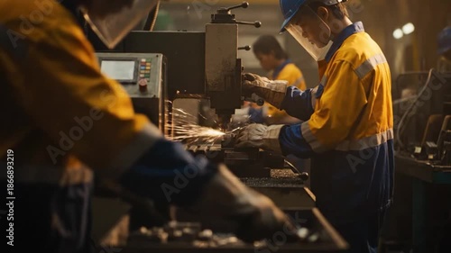 Wallpaper Mural Factory Workers Operating Industrial Machinery on Manufacturing Production Line Torontodigital.ca