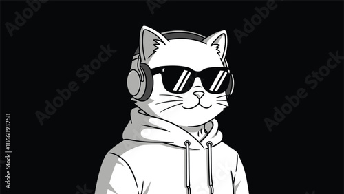 Cool Cat Cartoon Character with Headphones and Sunglasses in Hoodie.
