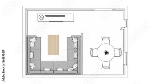 Contemporary residential interior design blueprint showing an integrated lounge, kitchen, and dining space