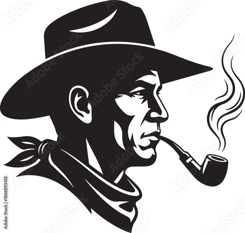 Cowboy with smoking pipe icon silhouette vector black on a white background