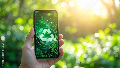 Sustainable smartphone made from recycled materials, green energy symbols, soft natural lighting, futuristic eco-tech background, clean and modern style