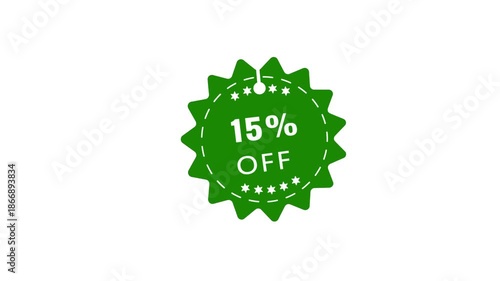 A green starburst shaped tag with white text indicating fifteen percent off and a dashed border with small stars around the edge on a white background