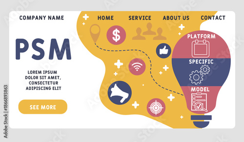 PSM - platform specific model acronym. business concept background. vector illustration concept with keywords and icons. lettering illustration with icons for web banner, flyer, landing