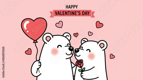 A cute illustration of two polar bears celebrating Valentine's Day with a heart balloon and rose