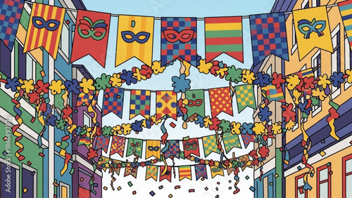 A vibrant illustration of a festive street scene with colorful banners and masks.