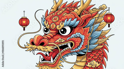 A vibrant illustration of a Chinese dragon's head with lanterns, symbolizing good fortune and prosperity in a festive design.