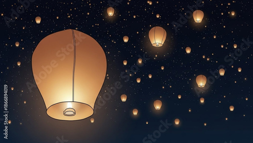 A vector graphic illustration of glowing lanterns floating in the night sky