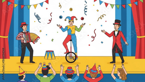 A colorful illustration of a circus performance with a jester on a unicycle, an accordion player, and a ringmaster, surrounded by confetti and an audience in party hats.