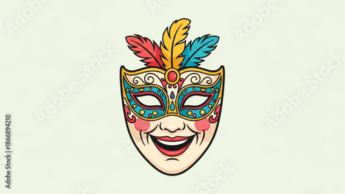 A colorful masquerade mask with feathers and decorative elements on a pale background