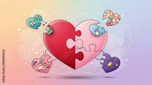 A colorful vector graphic illustration of a heart puzzle piece coming together with smaller heart icons around it