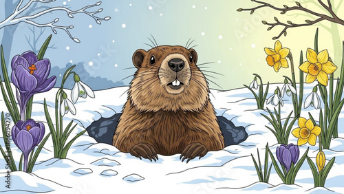 A vector illustration of a groundhog emerging from its burrow in a snowy landscape with blooming flowers.