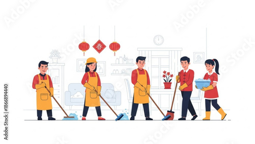A vector illustration of five people cleaning with brooms and a bucket in a room with Chinese New Year decorations