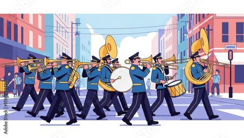 A vibrant illustration of a marching band performing in a city street