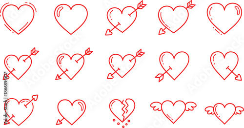 Red Hearts with Arrows on White Background