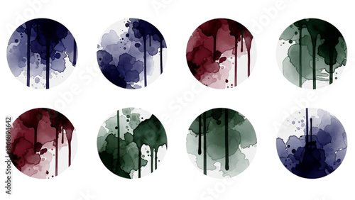 Dynamic abstract watercolor ink drops forming decorative circles perfect for creative branding and artistic projects