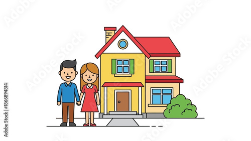 A happy couple stands in front of their charming two story yellow house