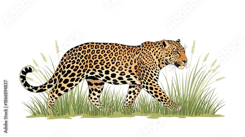 A majestic leopard walking through tall green grass in a natural habitat