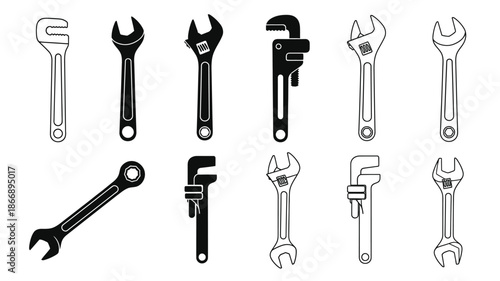 A collection of various black and white hand tools primarily wrenches and pliers