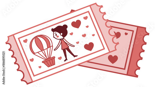 Charming woman in hot air balloon on romantic ticket stub