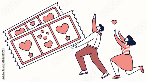 Couple celebrating love with giant Valentine's Day tickets