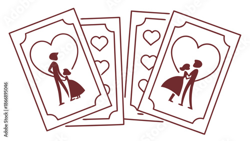 Romantic couple illustrations on decorative heart cards for love