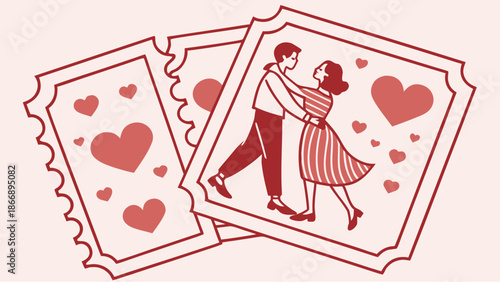 Romantic couple dancing on Valentine's Day tickets with hearts