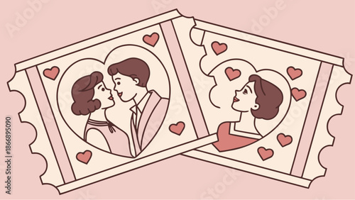 Romantic couple sharing tender moment on vintage tickets with hearts