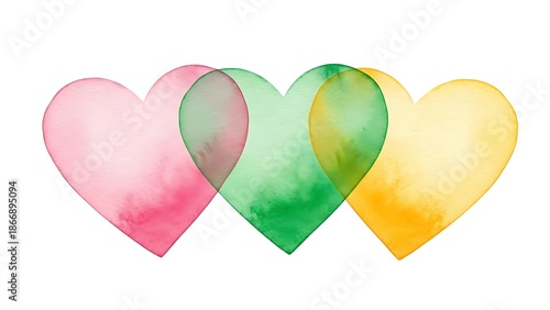 Watercolor hearts in pink green and yellow colors on white background