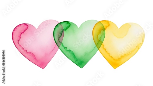 watercolor hearts in pink green and yellow on white background