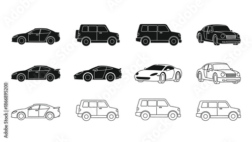 Stylized black and white illustrations depicting various car models in profile views