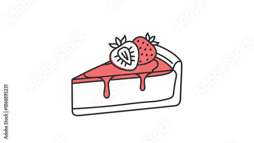 Line art illustration of a slice of strawberry cheesecake with red topping and fresh strawberries, representing dessert and sweet treats.