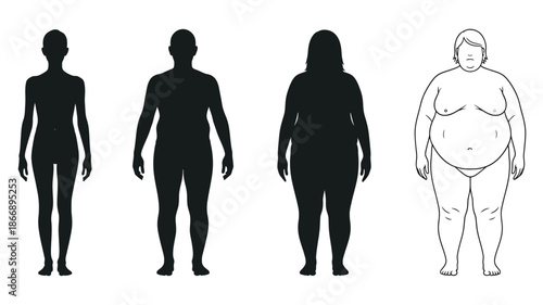 Illustrating human body types from slender to overweight figures in silhouette
