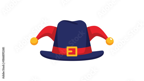 Colorful icon of a jester or fool's hat with a red belt and dangling points, symbolizing merriment, parties, and carnivals.