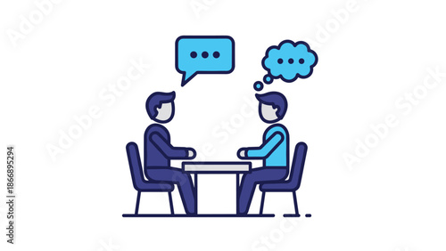 Line art icon of two people sitting at a table, talking, with speech and thought bubbles, symbolizing conversation, discussion, and ideas.
