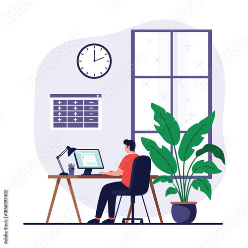Man sits at his office desk working late into the evening with a large window and a wall clock showing the passing time.