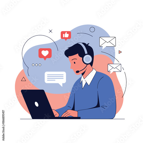 Male customer service representative wearing a headset works on a laptop surrounded by floating social media and message icons.