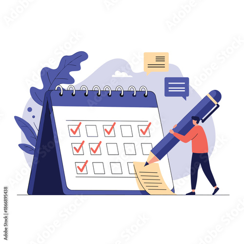 Young man uses a giant pen to check off completed tasks on a large desk calendar to stay organized and productive throughout the year.