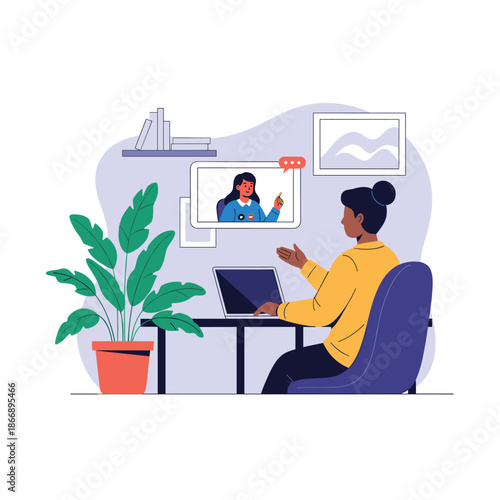 Woman sits at her desk participating in a virtual meeting via laptop in a bright room decorated with plants and pictures.