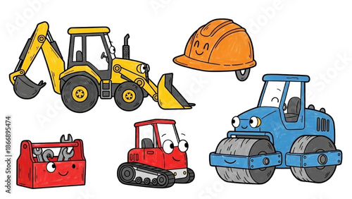 A charming collection of cartoon construction machinery and safety gear for creative play