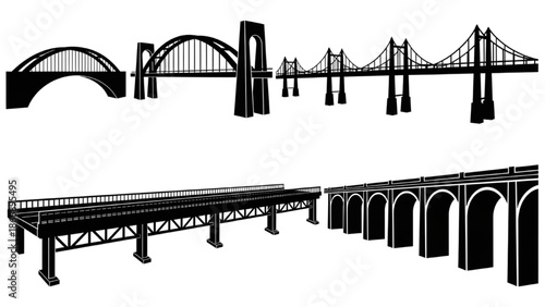 Diverse collection of architectural bridge designs in black and white illustration, showcasing various structural engineering marvels