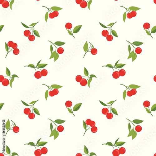 Seamless pattern features a repetitive arrangement of bright red cherries with green leaves on a soft cream background for textile design.