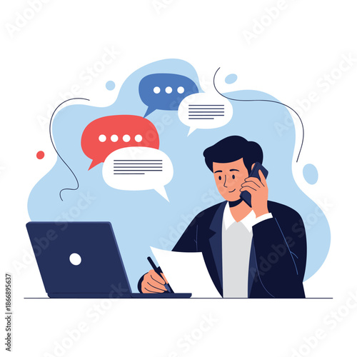 Busy businessman talks on a mobile phone while writing on a document and working on a laptop surrounded by multiple communication bubbles.