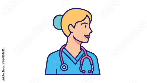 Flat design illustration of a female nurse wearing scrubs and a stethoscope, symbolizing healthcare professionals and medical care.