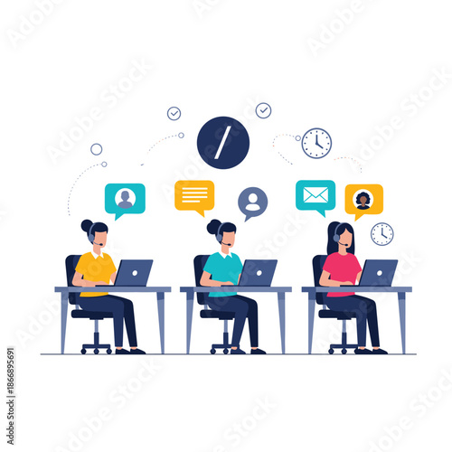 Team of female customer support operators wearing headsets work diligently at their desks with various communication icons and clocks.