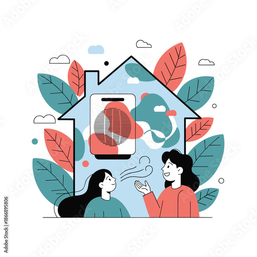 Two women enjoy fresh air inside a clean home featuring an air purifier while surrounded by colorful autumn leaves outside.